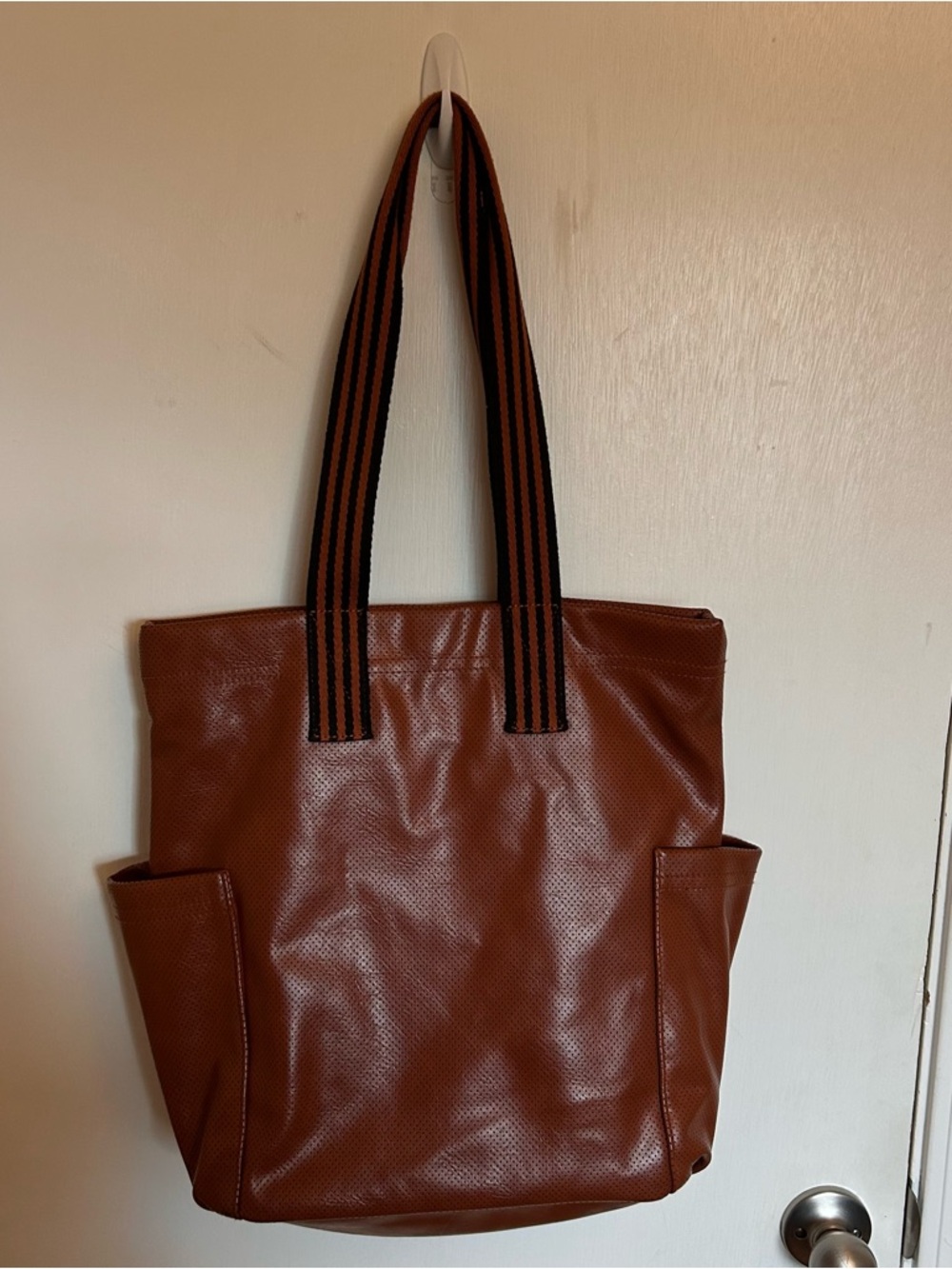 Universal Thread Brown Leather-Look Tote with Black Striped Handles